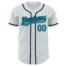 Load image into Gallery viewer, Custom White Teal Pinstripe Teal-Navy Authentic Baseball Jersey