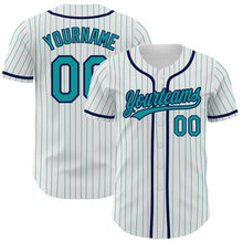 Load image into Gallery viewer, Custom White Teal Pinstripe Teal-Navy Authentic Baseball Jersey