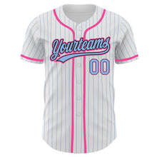 Load image into Gallery viewer, Custom White Light Blue Pinstripe Light Blue Black-Pink Authentic Baseball Jersey