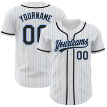 Load image into Gallery viewer, Custom White Light Blue Pinstripe Black Authentic Baseball Jersey