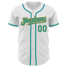 Load image into Gallery viewer, Custom White Teal-Old Gold Authentic Baseball Jersey
