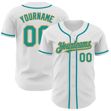 Load image into Gallery viewer, Custom White Teal-Old Gold Authentic Baseball Jersey