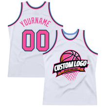 Load image into Gallery viewer, Custom White Pink Black-Light Blue Authentic Throwback Basketball Jersey