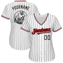Load image into Gallery viewer, Custom White Black Pinstripe Red Authentic Baseball Jersey