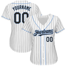 Load image into Gallery viewer, Custom White Black Pinstripe Light Blue Authentic Baseball Jersey