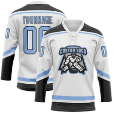 Load image into Gallery viewer, Custom White Light Blue-Black Hockey Lace Neck Jersey