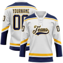 Load image into Gallery viewer, Custom White Navy-Gold Hockey Lace Neck Jersey