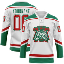 Load image into Gallery viewer, Custom White Red-Kelly Green Hockey Lace Neck Jersey