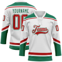 Load image into Gallery viewer, Custom White Red-Kelly Green Hockey Lace Neck Jersey