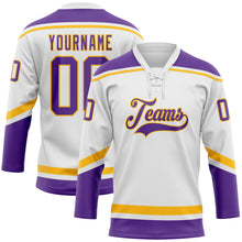 Load image into Gallery viewer, Custom White Purple-Gold Hockey Lace Neck Jersey