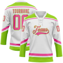 Load image into Gallery viewer, Custom White Pink-Neon Green Hockey Lace Neck Jersey