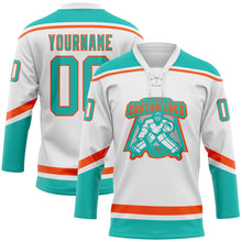Load image into Gallery viewer, Custom White Aqua-Orange Hockey Lace Neck Jersey
