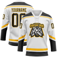 Load image into Gallery viewer, Custom White Black-Gold Hockey Lace Neck Jersey