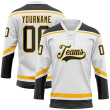 Load image into Gallery viewer, Custom White Black-Gold Hockey Lace Neck Jersey
