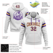 Load image into Gallery viewer, Custom Stitched White Purple-Gold Football Pullover Sweatshirt Hoodie