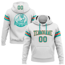 Load image into Gallery viewer, Custom Stitched White Aqua-Orange Football Pullover Sweatshirt Hoodie