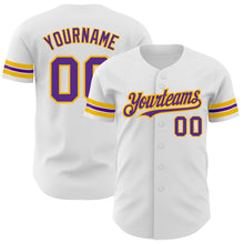 Load image into Gallery viewer, Custom White Purple-Gold Authentic Baseball Jersey