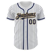 Load image into Gallery viewer, Custom White Navy Pinstripe Old Gold Authentic Baseball Jersey