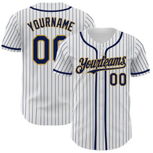 Load image into Gallery viewer, Custom White Navy Pinstripe Old Gold Authentic Baseball Jersey
