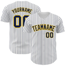 Load image into Gallery viewer, Custom White Navy Pinstripe Yellow Authentic Baseball Jersey