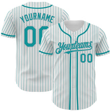 Load image into Gallery viewer, Custom White Teal Pinstripe Gray Authentic Baseball Jersey