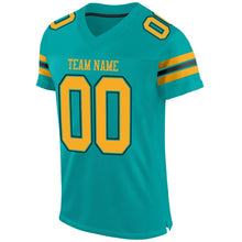 Load image into Gallery viewer, Custom Aqua Gold-Black Mesh Authentic Football Jersey
