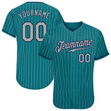 Load image into Gallery viewer, Custom Teal White Pinstripe Gray-Navy Authentic Baseball Jersey