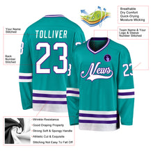 Load image into Gallery viewer, Custom Aqua White-Purple Hockey Jersey