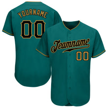 Load image into Gallery viewer, Custom Teal Black-Old Gold Authentic Baseball Jersey
