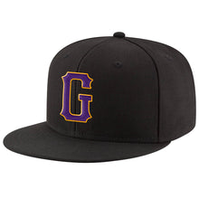 Load image into Gallery viewer, Custom Black Purple-Gold Stitched Adjustable Snapback Hat
