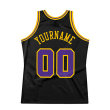 Load image into Gallery viewer, Custom Black Purple-Gold Authentic Throwback Basketball Jersey