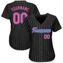 Load image into Gallery viewer, Custom Black White Pinstripe Pink-Light Blue Authentic Baseball Jersey