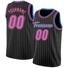 Load image into Gallery viewer, Custom Black White Pinstripe Pink-Light Blue Authentic Basketball Jersey
