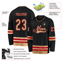 Load image into Gallery viewer, Custom Black Old Gold-Red Hockey Jersey