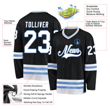 Load image into Gallery viewer, Custom Black White-Light Blue Hockey Jersey