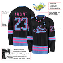 Load image into Gallery viewer, Custom Black Light Blue-Pink Hockey Jersey