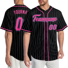 Load image into Gallery viewer, Custom Black White Pinstripe Pink-Light Blue Authentic Baseball Jersey