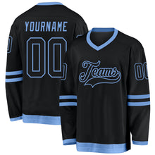 Load image into Gallery viewer, Custom Black Black-Light Blue Hockey Jersey