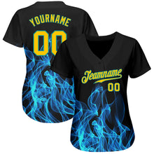 Load image into Gallery viewer, Custom Black Gold-Teal 3D Pattern Design Flame Authentic Baseball Jersey