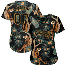 Load image into Gallery viewer, Custom Black Black-Old Gold 3D Pattern Design Tiger And Peacock Authentic Baseball Jersey