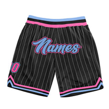 Load image into Gallery viewer, Custom Black White Pinstripe Light Blue-Pink Authentic Basketball Shorts