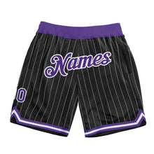 Load image into Gallery viewer, Custom Black White Pinstripe Purple-White Authentic Basketball Shorts