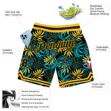 Load image into Gallery viewer, Custom Black Black-Gold 3D Pattern Design Tropical Palm Leaves Authentic Basketball Shorts