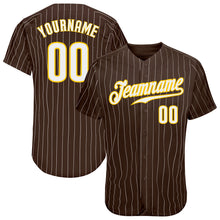Load image into Gallery viewer, Custom Brown White Pinstripe White-Gold Authentic Baseball Jersey
