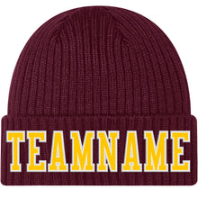 Load image into Gallery viewer, Custom Burgundy Gold-White Stitched Cuffed Knit Hat