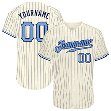 Load image into Gallery viewer, Custom Cream Navy Pinstripe Light Blue-Navy Authentic Baseball Jersey