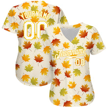 Load image into Gallery viewer, Custom Cream White-Gold 3D Pattern Design Maple Leaf Authentic Baseball Jersey