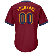 Load image into Gallery viewer, Custom Crimson Navy-Gold Authentic Throwback Rib-Knit Baseball Jersey Shirt