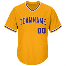 Load image into Gallery viewer, Custom Gold Purple-White Authentic Throwback Rib-Knit Baseball Jersey Shirt