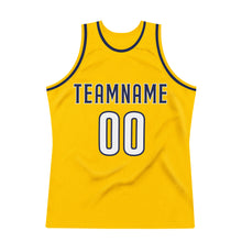 Load image into Gallery viewer, Custom Gold White-Navy Authentic Throwback Basketball Jersey